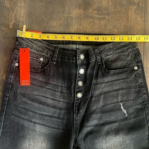 New Black Mid Rise Button Front Flare High Waist distressed Front Button Denim - Picture 8 of 14